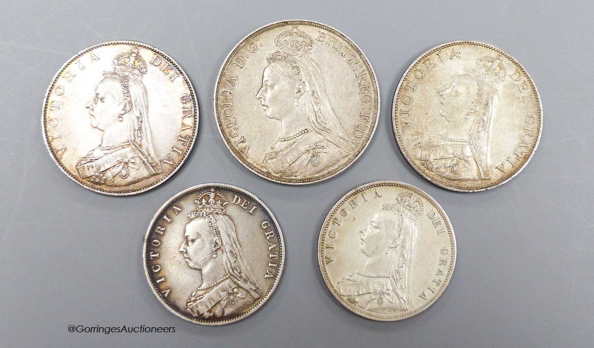 Victoria silver coins - crown 1889, good VF, two double florins, 1887, AEF and 1889, good VF, and two half crowns 1887, F and VF (5)